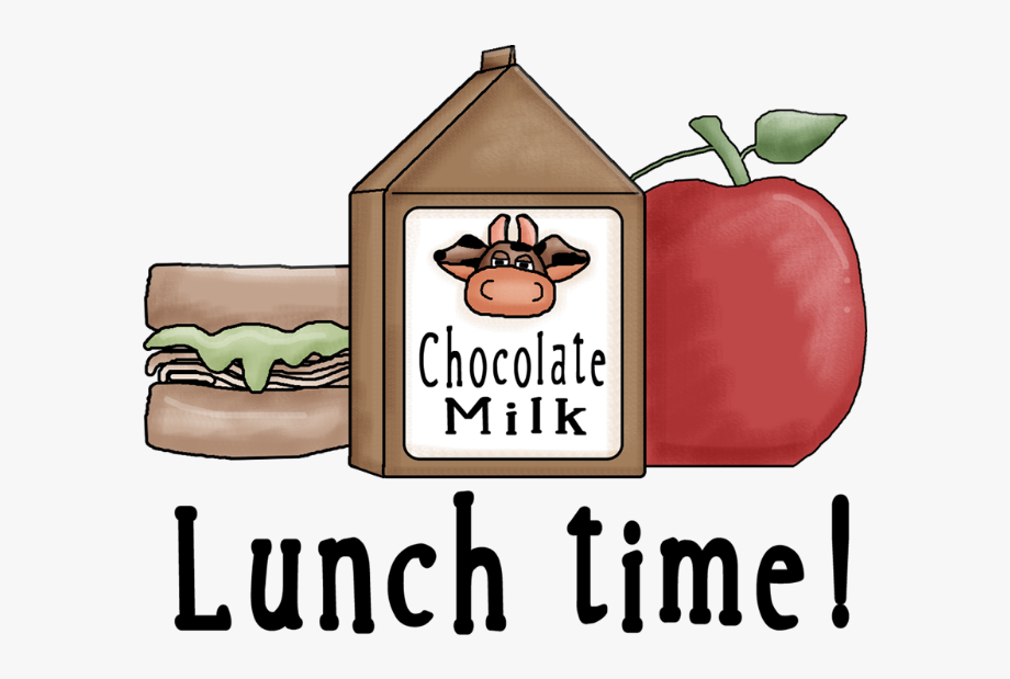 A Sandwich, Chocolate Milk and a red apple over the words Lunch Time!