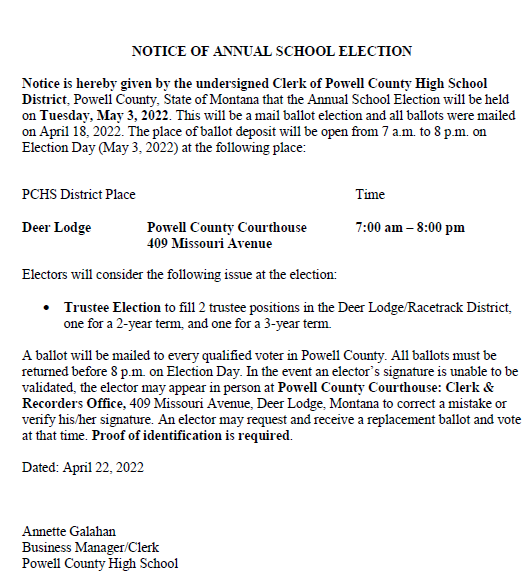 Notice of Annual School Election - May 3, 2022